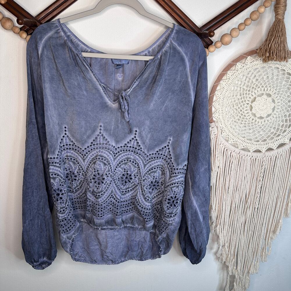 True Religion Blue Silk Peasant Boho Embroidered Blouse